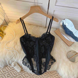 Nukty Sexy See Through Mesh Bustier Top Women Fashion Summer Black Camis Floral Embroidery Fishbone Skinny Club Party Crop Tops