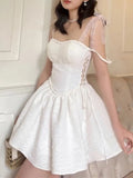 Nukty White Strap Dress 2024 Spring Summer New Sexy Holiday Fashion Slim Waist Hollow Tie Short Mini Dress For Women