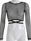 Mesh Top Fishnet Long Sleeve Tees White Shirt See Through Star Streetwear Goth Y2K Clothes Sexy Crop Top Women's T-shirt Female