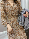 Nukty Summer New Ladies Floral Chiffon Dress Long Sleeve V Neck Waist Thin Retro Gentle Temperament Long Skirt Dresses