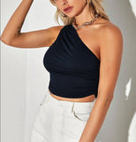 Nukty Sexy One Shoulder Crop Top Ruched Short Tank Top Women Summer Top Y2K Sleeveless Shirts Camisole White Black Green Orange