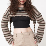 Nukty Dourbesty Vintage Stripe Knitting Crop Top Grunge Aesthetic 90 00s T-Shirts Hollow Out Y2k Pullovers Long Sleeve Top Streetwear