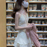 Nukty Korean Style Fairycore Beige Mini Dress Women Y2k One Piece Tunic Halter Dresses Sweet Ruffle Lolita Vestidos Summer