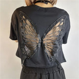 Nukty Harajuku Butterfly Wings Black T-shirt Sexy Hollow Out Short Sleeve Crop Top E-girl Dark Academia Grunge Pullovers Tees Women