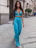 Sexy Silky Satin Camis Crop Top and Pants 2 Piece Sets Women Fashion High Waist Pants Matching Sets Outfits Streetwear