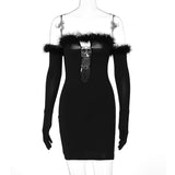 Nukty Feather Off Shoulder With Gloves Hollow Out Heart Metal Tie Mini Dress Sexy Skinny Summer New Wear Wedding Party