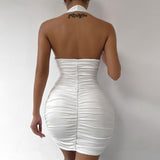 Nukty Sexy Ruffle V Deep Evening Party Dress Summer Short White Halter Dresses Women Tight Club Mini Dress Clubwear