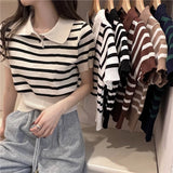 Nukty Summer Vintage Striped Polo Collar T Shirts Women's Knitted Short Sleeve Thin Cropped Tshirt Crop Top For Slim Girls