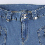 Nukty Y2K Aesthetics Retro Buttons Full Length Blue Denim Pants Women Slim Streetwear 2000s Cute Pockets Trim Low Rise Jeans