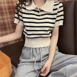 Nukty Summer Vintage Striped Polo Collar T Shirts Women's Knitted Short Sleeve Thin Cropped Tshirt Crop Top For Slim Girls