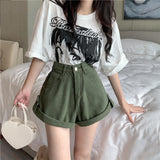 Nukty Shorts Women Loose All-match Retro Green Fashion Empire Ladies Ulzzang Mujer Trouser Summer Solid Simple Student Prevalent New