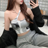 Nukty irregular spaghetti strap tank top woman newspaper letter print wirefree bra camis for women camisole new trend