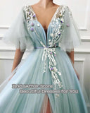 Nukty Light Green Fairy Prom Dress Appliques 3D Flowers Short Sleeves Tulle Evening Gown Side Split Celebrity Party Dress