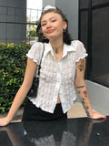 Nukty Top Women White Shirt Ruffle Lace Top See Through Blouses Turn Down Collar Shirts Short Sleeve Tees Street Women Clothing