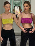 Glitter Crop Top Sexy Sleeveless Tank Tops Off Shoulder Tank Cami Super Short Party Club Outfits Bling Sequin Y2K Women Clothing