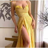 Nukty Elegant Patchwork Strap Dress Women High Split Backless Tube Top Dot Slim Vestidos Summer Sexy Fashion V-Neck Lady Robe