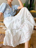 Boho Elegant White Long Skirt Women Hook Flower Hollow Folds Hem High-waisted Skirts Casual Holiday Female Clothes