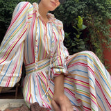 Nukty Retro Rainbow Color Stripe Boho Dress Women Elegant V-neck Print Long Dress Casual 3/4 Sleeve Loose Beach Dress Cover Up