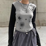 Star Girl Y2k Print Patchwork Long Sleeve Casual Harajuku T-shirt Women 90S Vintage Gothic Grunge Basic E-girl Autumn Tops