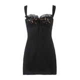 Nukty Spring Summer New Sexy Casual Lace Stitching Wavy Collar Halter Straps Bag Hip A-Line Short Mini Dress Women