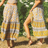 Summer High Waist Long Printed A-Line Skirt Floral Skirt Women Casual Beach Faldas Female Boho Elastic Waist Holiday Maxi Skirts