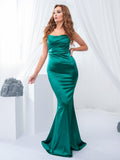 Nukty Low Cut Pleated Sleeveless  Maxi Dress Stretchy Satin Spaghetti Straps Backless Long Gown Evening Party