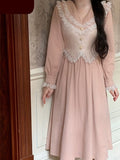 Nukty Corduroy Dress for Women New Fashion Fairycore Splicing Midi Dress Elegant Lantern Sleeve V Neck Y2k Vintage Dress