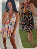 Sleeveless Floral Sequined Pink Sexy Party Dress Deep V Neck Backless Short Night Club Out Summer