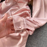 Nukty Pink Satin Dress Puff Sleeve Square Collar Ruched Mini Dress Solid Sexy Streetwear Outfits Ladies Club Party Vestidos