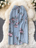 Nukty Flowers Print Jeans Women Vintage High Waist Denim Long Pants  Fashion Autumn Casual Wide Leg Full Length Denim Trousers