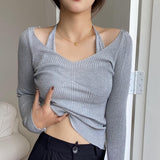 Fake Two-Piece Halter White Sweater T-shirt Women's Autumn New Long Sleeve Slim Tight Bottoming Sweater Top