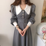 Nukty Vintage Lace Plaid Chic Puff Sleeve Woman Dresses Women Korean Temperament Office Lady Lapel Robe Slim Waist Long Sleeve Dress