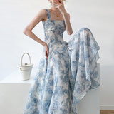 Nukty Print Dress for Women Fashion Fairycore Spaghetti Strap Summer Dress Chic Elegant Square Collar Slim Midi Dress
