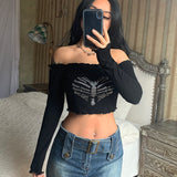 Nukty Off Shoulder Sexy Gothic Crop Top T-Shirts Women Clothes crop Rhinestone Skeleton Grunge Clothing Tee Y2K Shirt Core Tops vegan