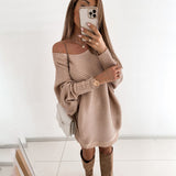 Nukty Sexy Off Shoulder Long Sleeve Sweater Dress Women Spring Loose Casual White Knitted Long Top Woman Mini Dresses Pull Femme