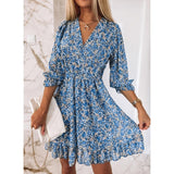 Nukty Women Summer Fashion Bohemian Dress Nipped Waist Pullover Deep V Neck Beach Dress Print Short-sleeve Floral Bright Dress