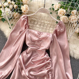 Nukty Pink Satin Dress Puff Sleeve Square Collar Ruched Mini Dress Solid Sexy Streetwear Outfits Ladies Club Party Vestidos