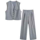 Nukty Suits Spring OL Style Sets Women Casual 2 Piece Sleeveless Blazer Cropped V Neck Vest + Loose Long Pants Grey