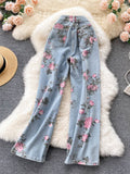Nukty Flowers Print Jeans Women Vintage High Waist Denim Long Pants  Fashion Autumn Casual Wide Leg Full Length Denim Trousers
