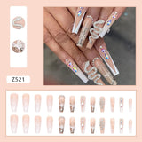 24Pcs Long Ballerina French False Nails Snake Rhinestones Design Fake Nails Wearable Coffin Press on Nails Full Cover Nail Tips