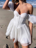 Nukty Fashion Women White Corset Sexy Dress Vintage Puff Sleeve Elegant Ladies Princess Party Mini Dresses Skater Robe