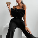 Nukty Women Sexy Hollow Out Solid Sling Tank Suits Fashion Party Two Piece Set Elegant Bowknot Crop Top And Long Pants Commute Outfits