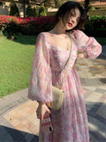 Nukty Vintage Long Sleeve One Piece Chiffon Dress for Women Fairy Elegnat French Floral Party Midi Dresses Evening Korean Summer