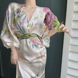 Nukty Printing Midi Bodycon Dress Elegant Japan Style V-Neck Long Half Batwing Sleeve Sashes Floral Maxi Dresses for Women Summer