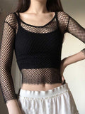 Mesh Top Fishnet Long Sleeve Tees White Shirt See Through Star Streetwear Goth Y2K Clothes Sexy Crop Top Women's T-shirt Female