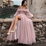 Nukty Pink Shiny Tulle Prom Dresses Off The Shoulder Long Puff Sleeve Evening Party Gowns Slit Women Arabia Wedding Dress