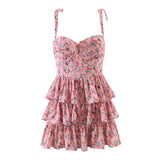 Nukty Sweet Women Floral Print Sexy Sling Cake Dress Ladies Summer Holiday Chiffon Robe Short Vestido