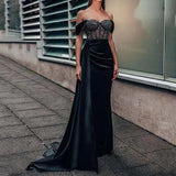 Nukty Sexy Backless Evening Party Dress for Women Black Lace Chest Wrapping Off the Shoulder Split Mermaid Prom Gown Maxi Dresses