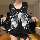 Autumn Fairy Grunge Crop Tops Y2K Graphic Casual T-shirt Women O Neck Long Sleeve Skinny Tees Slim Fit Pullovers Streetwear