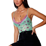 Nukty Sexy Slim Women Y2k Cami Summer Mesh/Knit E Girl Camisole Aesthetic Tank Top Floral/Cherry Print Streetwear Crop Tops